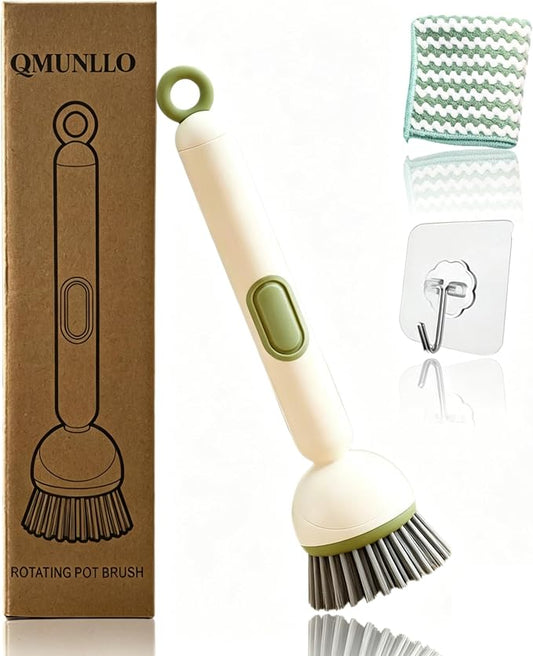 QMUNLLO 360° Rotating Dish Brush with Soap Dispenser, Non-Slip Long Handle Kitchen Scrubber Cleaning Set with Towel and Wall Hook, Ideal for Sink, Pans, Pots Cleaning(Green)