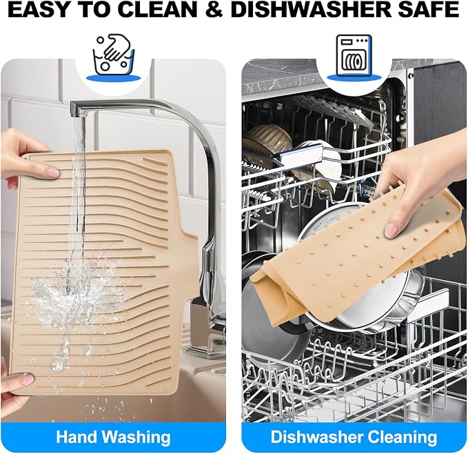 Silicone Dish Drying Mat for Kitchen Countertops and Sinks,19 x13.7 Inch Non Slip Heat Resistant Mat with Built In Drainage System,For Refrigerator and Drawer Liners (beige, 19 x13.7 Inch)