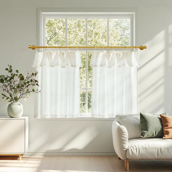 jinchan Linen Tier Kitchen Curtains, 30x24, 2 Panels, Beige White | Light filtering, rod pocket, farmhouse, small window decor, cafe style, machine washable, bathroom, laundry room, RV