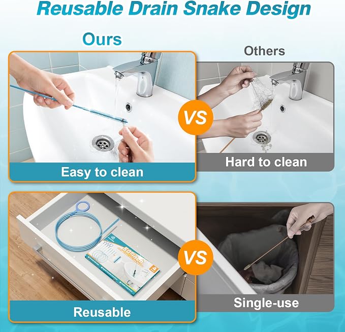 4 Pack 50 Inch Drain Snake Hair Drain Clog Remover Tool for Bathroom Sink | Reusable Brush, 50-Inch Break-Resistant Steel Wire Rope with Nylon Coating, 0.27-inch wand for Shower Drain Cleaning