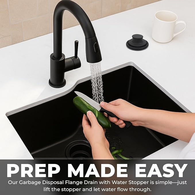Garbage Disposal Flange Drain with Water Stopper- Universal Matte Black Stainless Steel Flange Fit 3-1/2 Inch Kitchen Sink Hole for Easy New Installation or as a Replacement Accessories Kit