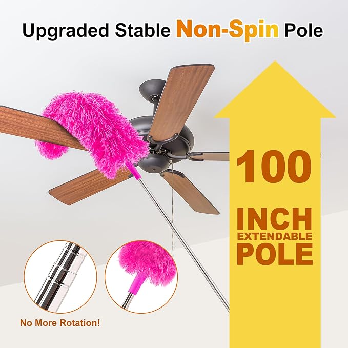 Tiumso 5-in-1 Duster with Extension Pole 100 inch Extendable Dusters for Cleaning Anti-Spin Reusable Dusting Kits for High Ceiling Fans, Cobwebs & Vents, Reinforced Stainless Steel Telescopic Handle