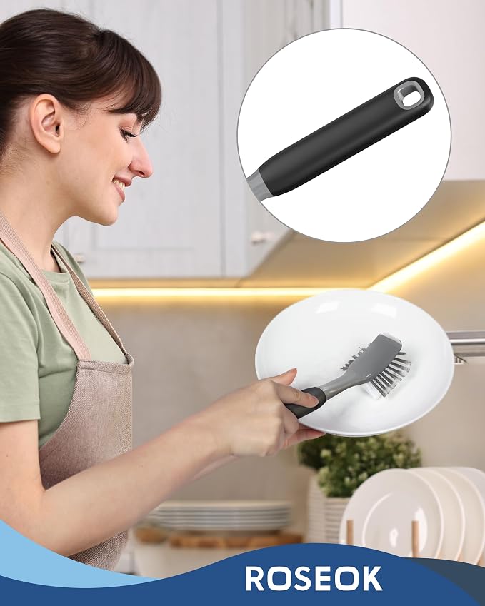 ROSEOK Dish Brush, Dish Scrubber, Nylon Bristles with Built-in Scraper | For Cleaning Dishes, Pots, Non-Stick Pans and Sinks, Black, 2 Pack
