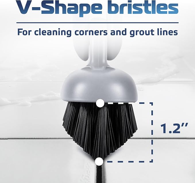 DSV Standard Grout Scrub Brush with Long Handle, 50'' Tile Grout Scrubber, V-Shape Crevice Cleaning Brush for Hard to Reach Areas, 180° Rotation Grout Cleaner for Tile Floors, Baseboards and Corners
