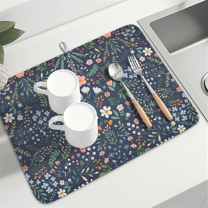 Floral Dish Drying Mat for Kitchen Counter Rustic Flower Leaves Print Microfiber Dish Drainer Mat Farmhouse Floral Absorbent Washable Drying Pad Extra Large 18"x24"