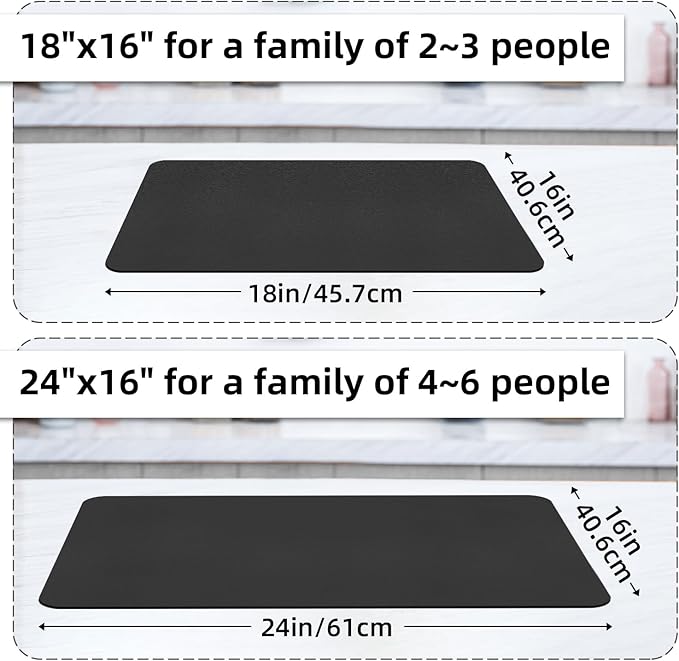 LOPNUR Kitchen Dish Drying Mat, 18"x16" Small Dish Drying Mats for Kitchen Counter, Super Absorbent Dish Drying Pad, Diatomite Coffee Mat Heat Resistant Mat with Anti-slip Rubber Backed, Black