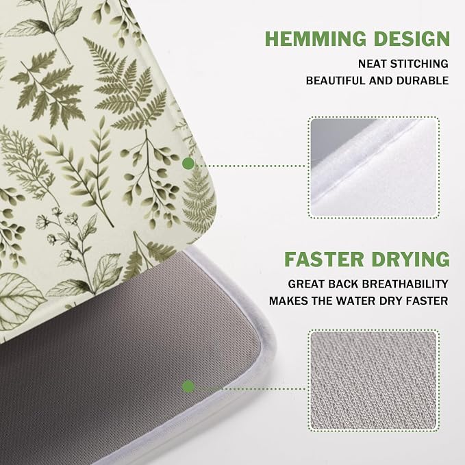 Vintage Botanical Floral Dish Drying Mat for Kitchen Counter Sage Green Herbs Fern Leaves Plant Microfiber Dish Drainer Mat Absorbent Washable Drying Pad 16"x18"