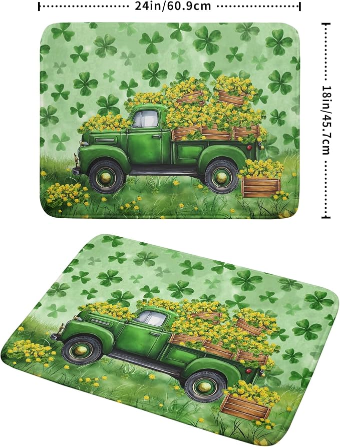 Green Holiday Dish Drying Mat Lucky Clover Truck Drying Mat for Kitchen Counter 18 X 24