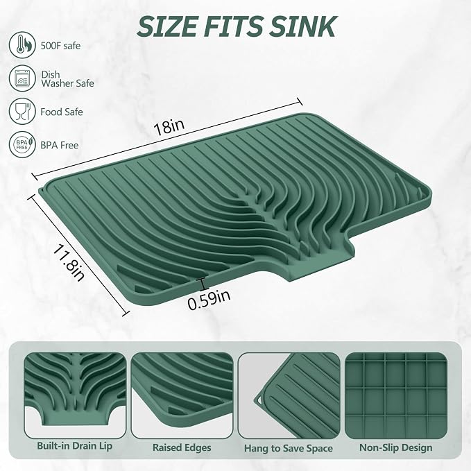 Dish Drying Mat for Kitchen Counter, with Built-in Drain Lip, Food-Grade Silicone, Easy Clean Pad for Countertop Protection, Multi-Functional Use (18x11.8, Dark Green)