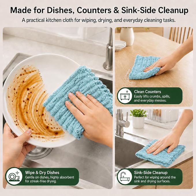 kimteny Microfiber Dish Cloths for Kitchen, 8 Pack 12 x 12 Inch Coral Velvet Kitchen Cleaning Cloths, Absorbent Reusable Non-Scratch Dish Rags for Dishes, Countertops & Sink