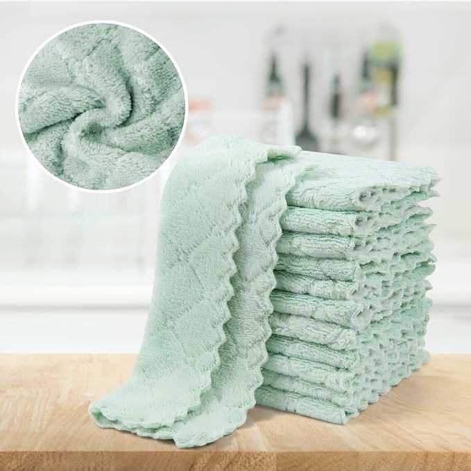 UMANI 12 Pack Kitchen Dish Cloths, Ultra Soft Absorbent Quick Drying Dish Towels, Nonstick Oil Microfiber Cleaning Cloth, Machine Washable Coral Fleece Cleaning Rags (Green)