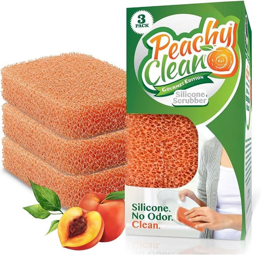 Peachy Clean Silicone Dish Sponge Scrubbers, Fresh Peach Scent, Non-Scratch, Odor-Resistant, Durable Dish Sponges for Kitchen 3pk