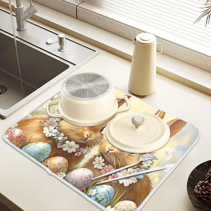 Cute Rabbit Bunny Easter Eggs Dish Drying Mat for Kitchen Counter Absorbent Microfiber Large Drying Pad Dish Mats for Kitchen Countertops 18 x 24 Inch