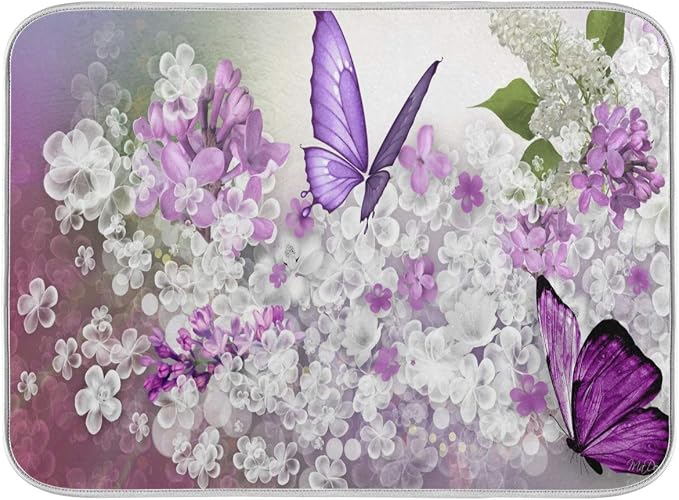 Butterflies Flowers Purple Dish Drying Mat for Kitchen, Absorbent Microfiber Drying Pad Dish Mat, 24" X 18"