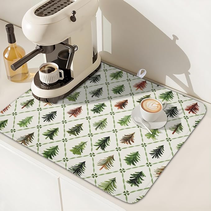 Christmas Dish Drying Mat for Kitchen Counter Xmas Theme Green Trees Dish Drainer Mat Rustic Farmhouse Winter Holiday Absorbent Washable Drying Pad 16"x18"