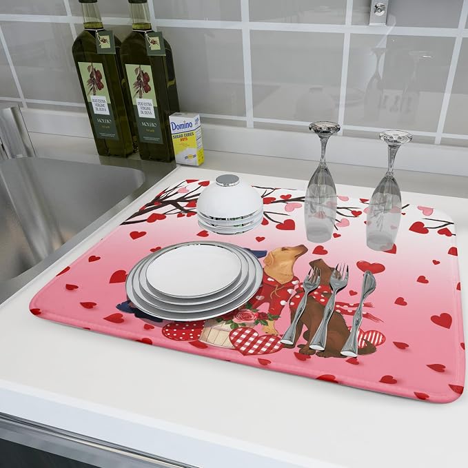 Love Dog Dish Drying Mat 18"x24" Red Heart Microfiber Dish Drainer Mat Hanging Loop Absorbent Fast Dry Pad Kitchen Counter Bar Accessories
