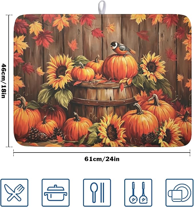 Fall Pumpkin Dish Drying Mat for Kitchen Counter Thanksgiving Autumn Harvest Pumpkin Microfiber Dish Drainer Mat Rustic Farmhouse Absorbent Washable Drying Pad 18"x24"