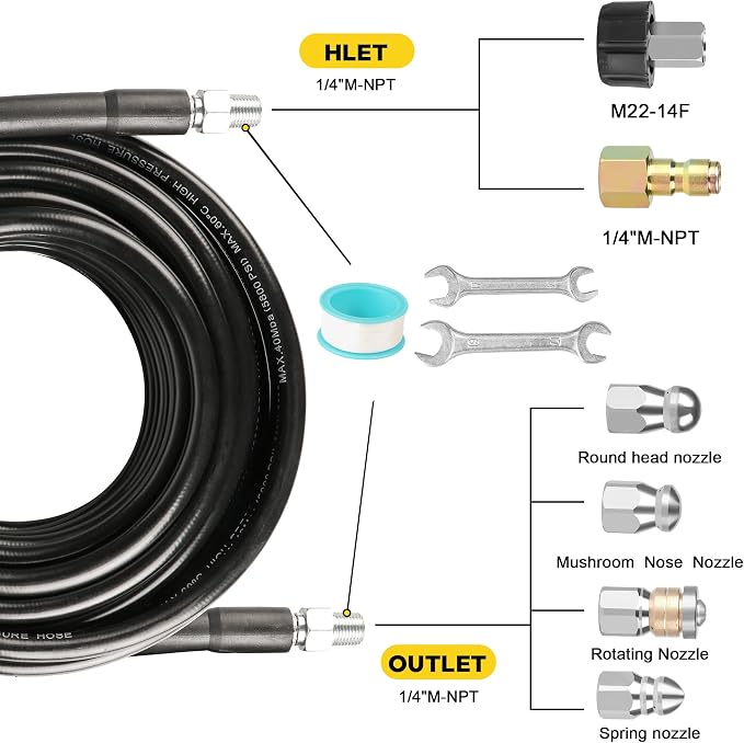 Sewer Jetter Kit for Pressure Washer 100ft 1/4 Inch NPT | Pressure Washer Drain Jetter 5800PSI Hose, 4 Different Rotating Nozzles, Adapter, Clears Clogs in Pipes & Sewer Lines