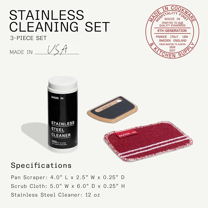 Made In Cookware - 3 Piece Stainless Steel Cleaning Set | Includes Pan Scraper, Scrub Cloth & Stainless Steel Cleaner, Complete Cleaning System, Crafted in USA