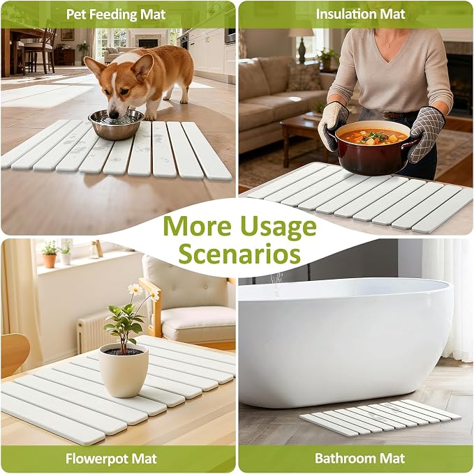 Large Stone Dish Drying Mat for Kitchen Counter, 24"(L)×16"(W), Collapsible Quick Dry Stone Dish Mats, Super Absorbent Diatomaceous Earth Drying Pad for Dishes Bottles Cups, Any Countertop (White)