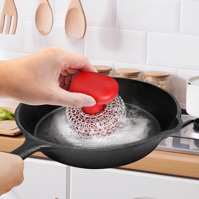 Cast Iron Scrubber | Dish Scrub Brush | 316 Cast Iron Cleaner Chainmail Scrubber for Pan Skillet Cleaner - Red