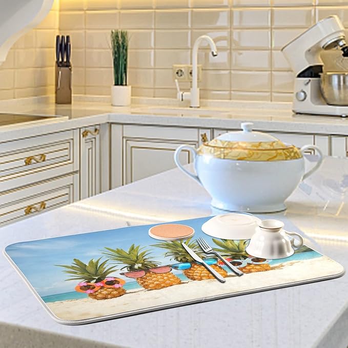 Absorbent Dish Drying Mat for Kitchen Counter - Pineapple Beach Microfiber Drying Pad, Reversible Drainer Mats for Countertop, Small 16 x 18 inch