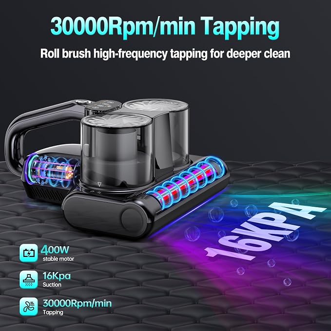 Mattress Vacuum Cleaner Cordless Bed Vacuum with 16Kpa Suction 253.7nm UV-C Light, Ultrasonic Technology, HEPA Filtration, Built-in 4*2500 mAh Battery, High/Low Dual Modes, Replacement Filter Included