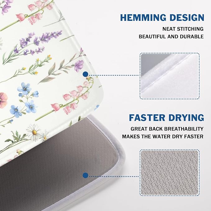 Spring Summer Colorful Floral Dish Drying Mat 18x24 Inch | Wildflower，Polyester，Absorbent Microfiber，for Kitchen Coffee Dining Bar Decor