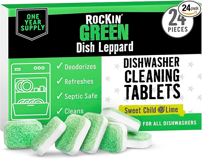 Rockin' Green Deep Cleaning and Deodorizing Tablets for Dishwashers, Washing Machines, and Garbage Disposals, Removes Odor and Residue (Dishwasher Cleaning Tablets, 24 Pack)