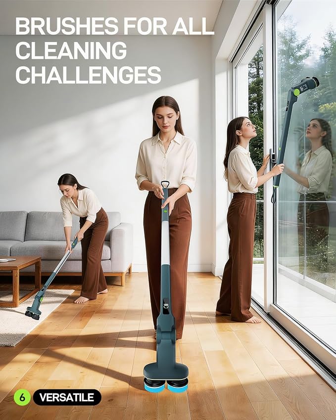 Electric Cleaning Brush, Dual Head Power Brush Scrubber with Infrared Control, 8-in-1 Cordless Power Scrubber for Bathroom & Shower, Electric Scrubber with Adjustable Handle for Bathtub, Tile, Floor