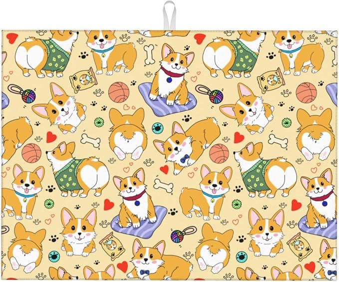 Cute Corgi Dog Dish Drying Mat for Kitchen Counter Cute Kitchen Dish Mat Microfiber Kitchen Countertop Absorbent Reversible Drainer Rack Pad