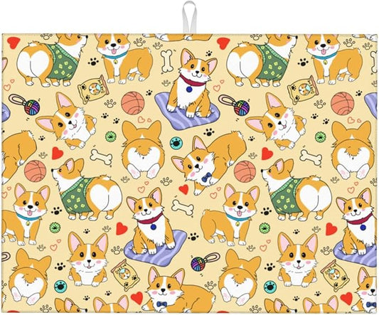 Cute Corgi Dog Dish Drying Mat for Kitchen Counter Cute Kitchen Dish Mat Microfiber Kitchen Countertop Absorbent Reversible Drainer Rack Pad