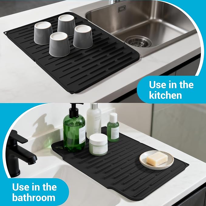 Foldable Silicone Dish Drying Mat for Kitchen Counter & Sink - Quick Dry, Space Saving, Non-Slip Pad for Small Apartments & Coffee Bar Black