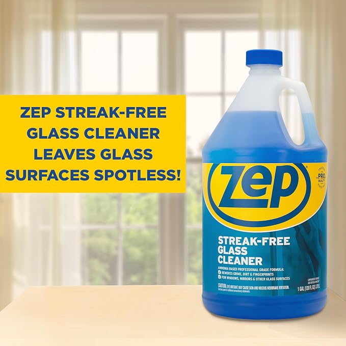 Zep Streak-Free Glass Cleaner - 1 Gallon (Case of 2) ZU11201282- Professional Grade Formula that Cleans Dirt, Fingerprints, Grime, Smoke Haze, and Toothpaste on Windows, Mirrors, and Other Glass