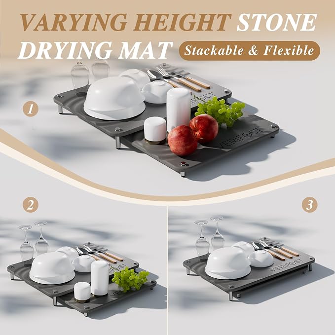 VERIFOST 2 Pcs Large Gray Stone Dish Drying Mat with Acacia Wood Holder Stand for 1 Inch Cutting Board and Fast Stone Drying Mat for Kitchen Counter with Non-slip Feet
