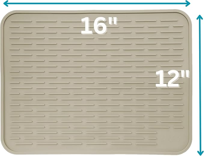Large Silicone Dish Drying Mat for Kitchen Counter or Under Sink, 16" x 12" Large, Waterproof Pet Feeding Mat, Water Bowls, Under Drying Racks for Dishes, Coffee Bars, Bar Mats (Beige)…