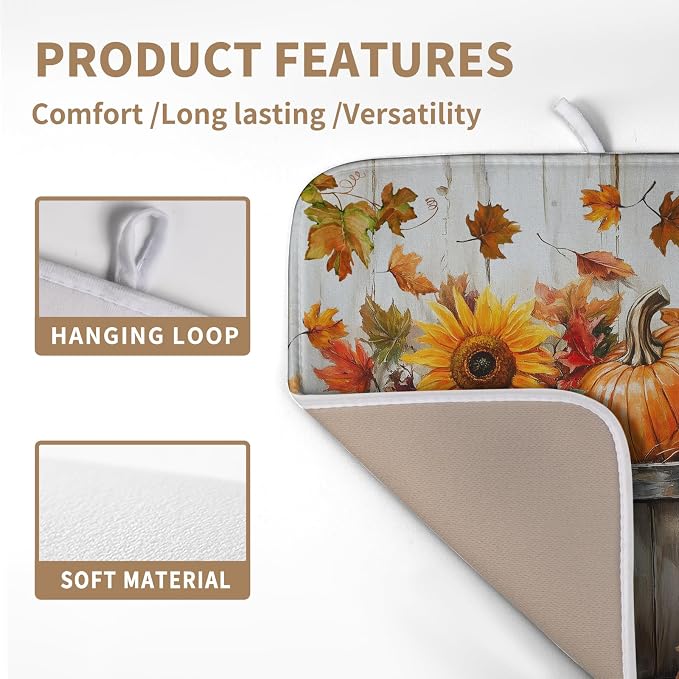 Fall Dish Drying Mat for Kitchen Counter Autumn Thanksgiving Pumpkin Sunflower Maple Leaf Leaves Birds Dishes Draining Pad Washable Dish Drainer Rack Mat Medium 16x18 Inch