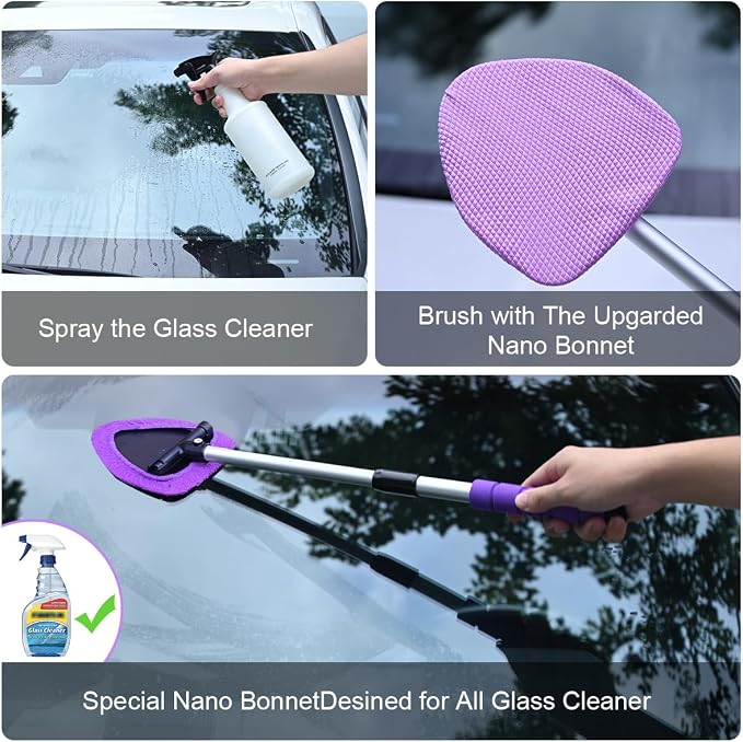 XINDELL Interior Windshield Cleaner Tool, 24" Long Reach Car Glass Cleaner with Microfiber Pads, Extendable Handle for SUV Truck Slanted Windshield & Hard-to-Reach Areas