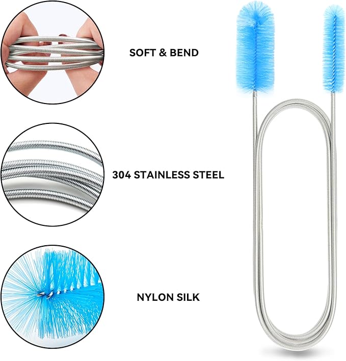 Flexible Drain Brush, 66 Inch Long Double Ended Hose Pipe and 58 Inch Tube Cleaning Brush and 2 Pack 8 Inch Straw Cleaner Brush