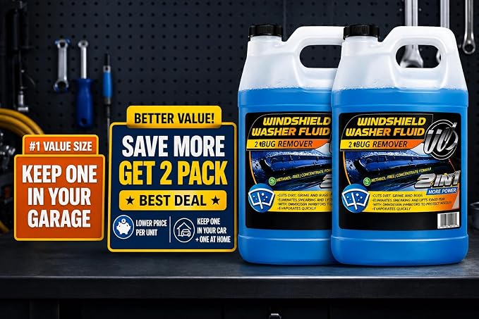 UCS 2-in-1 Windshield Washer Fluid 2-Pack (1 Gallon Each, 256 fl oz Total) – Ready to Use, Streak-Free Formula, All-Weather Cleaning, Removes Bugs, Dirt & Road Grime – Premium Windshield Cleaner