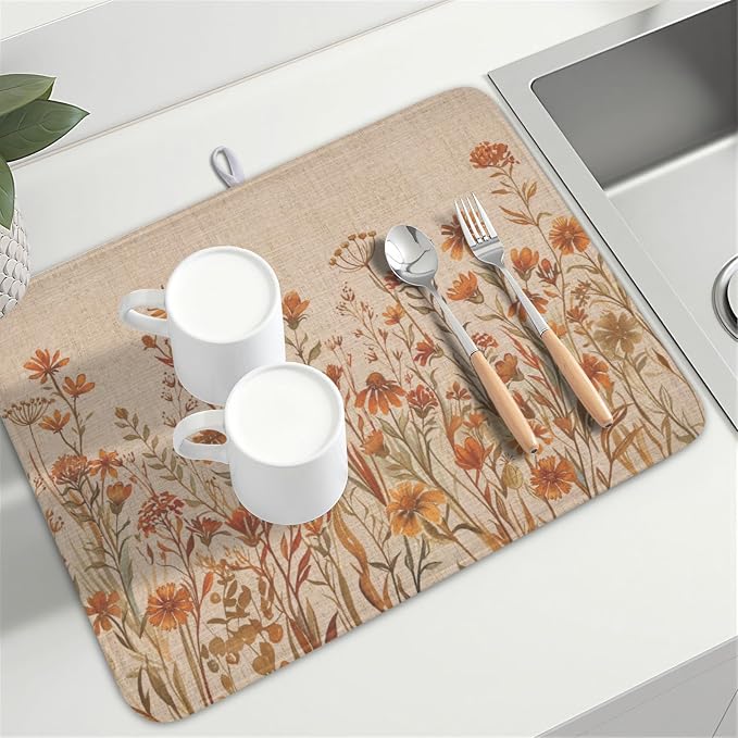 Fall Floral Dish Drying Mat for Kitchen Counter 18 x 24 Inch Autumn Sunflower Dish Drainer Mat Absorbent Microfiber Thanksgiving Dish Rack Pad for Coffee Dining Bar Kitchen Decor
