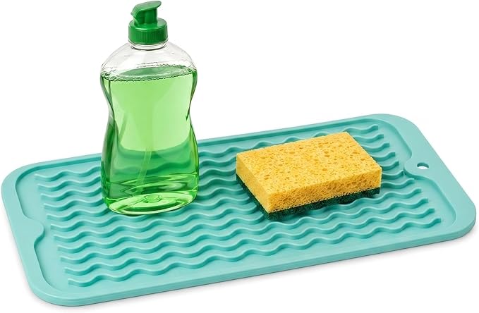 ZLR Silicone Sink Caddy Tray (6" x 12" / 153 x 305mm) - Narrow Sponge Holder for Kitchen Counter - Waterproof Dish Drying Mat, Non-Slip Soap Dispenser Mat & Bathroom Vanity Organizer (Mint Green)