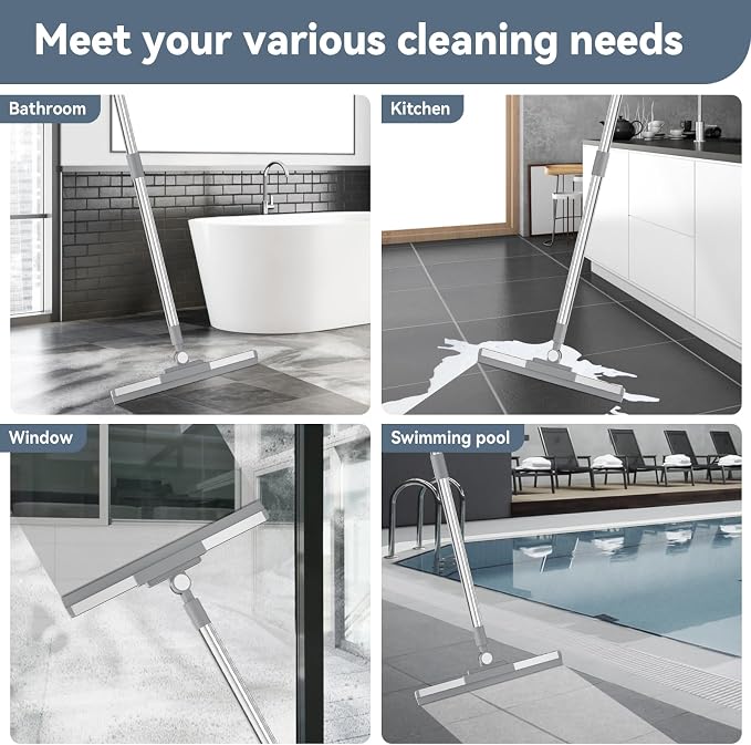 Floor Squeegee with 180° Rotating Head, Squeegee for Floor with 52'' Long Handle, Squeegee Broom, Squeegee for Window Cleaning, Bathroom Tile, Garage Concrete, Deck, Shower Glass (Silver)