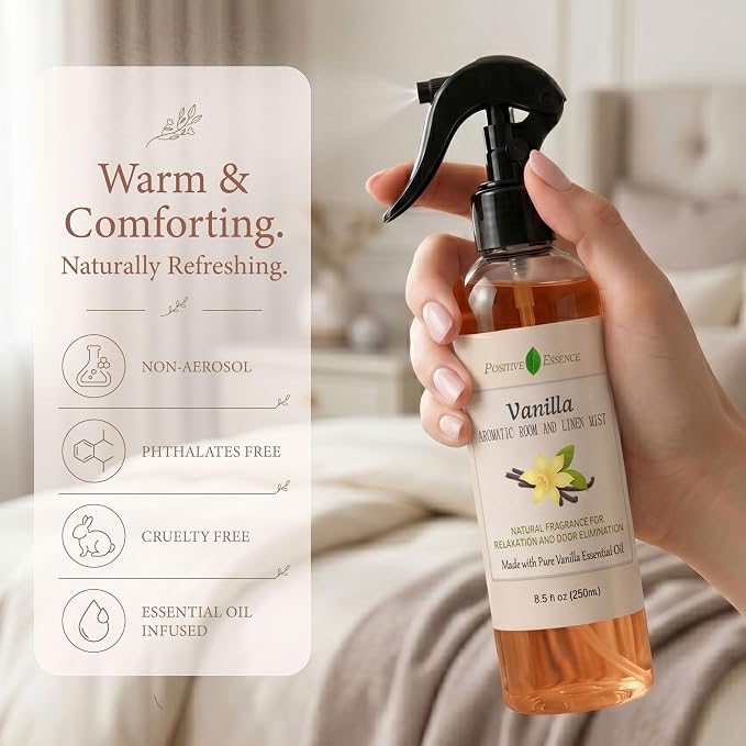 Vanilla Linen and Room Spray, Natural Home Fragrance Made with Pure Vanilla Essential Oil, Perfect Bathroom Air Freshener or Linen Spray (8.5 fl oz)