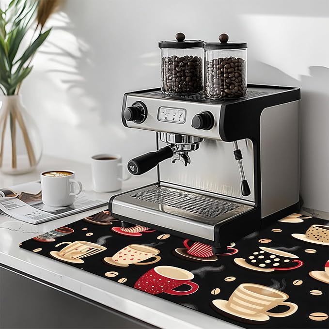 Dish Drying Mat Large Coffee Mat Absorbent Drying Mat for Kitchen Counter Coffee Bar Accessories 32"x 17", Latte Cups 2