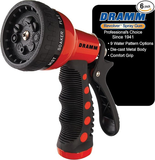 Dramm Revolver Heavy Duty Metal Garden Hose Nozzle – 9 Spray Patterns, High Pressure Jet, Thumb-Control Flow, Ergonomic Grip – Red (Pack of 6)