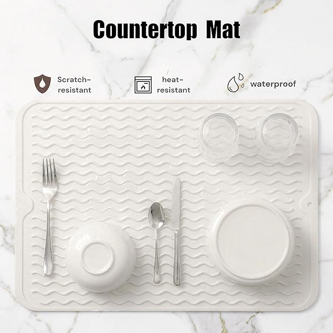 MicoYang Silicone Dish Drying Mat — Quick-Dry Ridges Counter & Sink Pad, Heat-Resistant Trivet to 450°F, Non-Slip & Dishwasher Safe, Roll-Up Storage, 18 Colors & 9 Sizes (White, 16"×12")