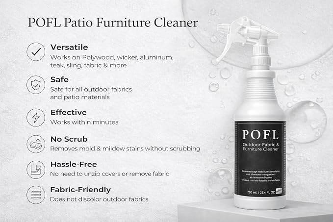 POFL Outdoor Fabric & Furniture Cleaner – Mold & Mildew Stain Remover for Patio Cushions, Sling Seating, Mesh, Canvas Awnings, Vinyl Fencing & Outdoor Surfaces – 25.36 fl oz