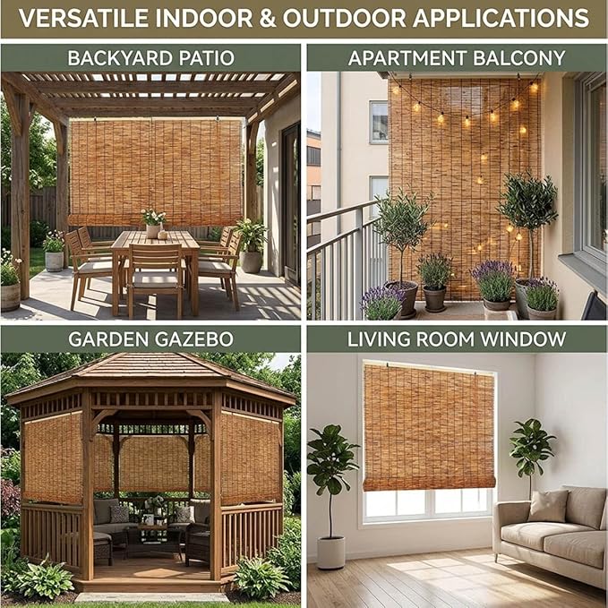 Bamboo Patio Shades Light Filtering Outdoor Roll Up Shades, Bamboo Porch Blackout Roller Blinds 36 48 72 84 62 inches Long Sunshade Window Treatment for Home Decor, Cordless(30" W x 36" H)