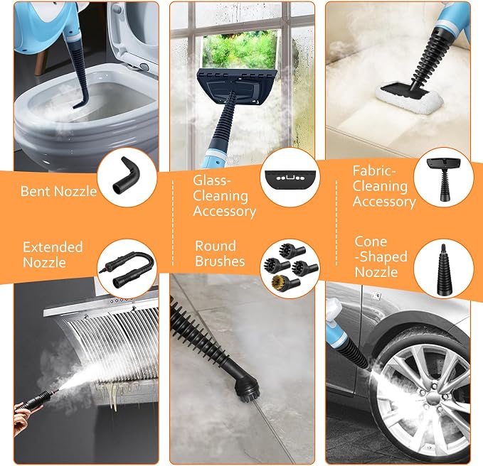 Phueut Pressurized Handheld Multi-Surface Natural Steam Cleaner with 12 pcs Accessories, Multi-Purpose Steamer for Home Use, Steamer for Cleaning Floor, Upholstery, Grout and Car (Blue)